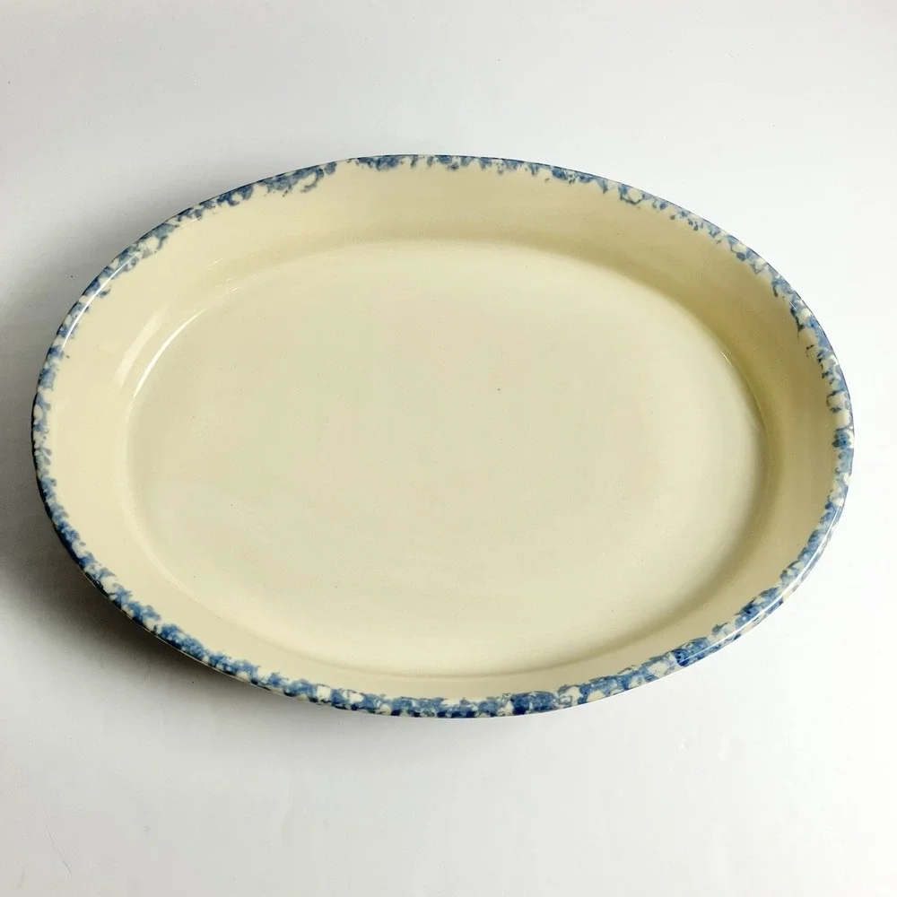 Workshops of Gerald Henn Blue Spongeware. Oval Baker set 7 1/2, 9 1/2
